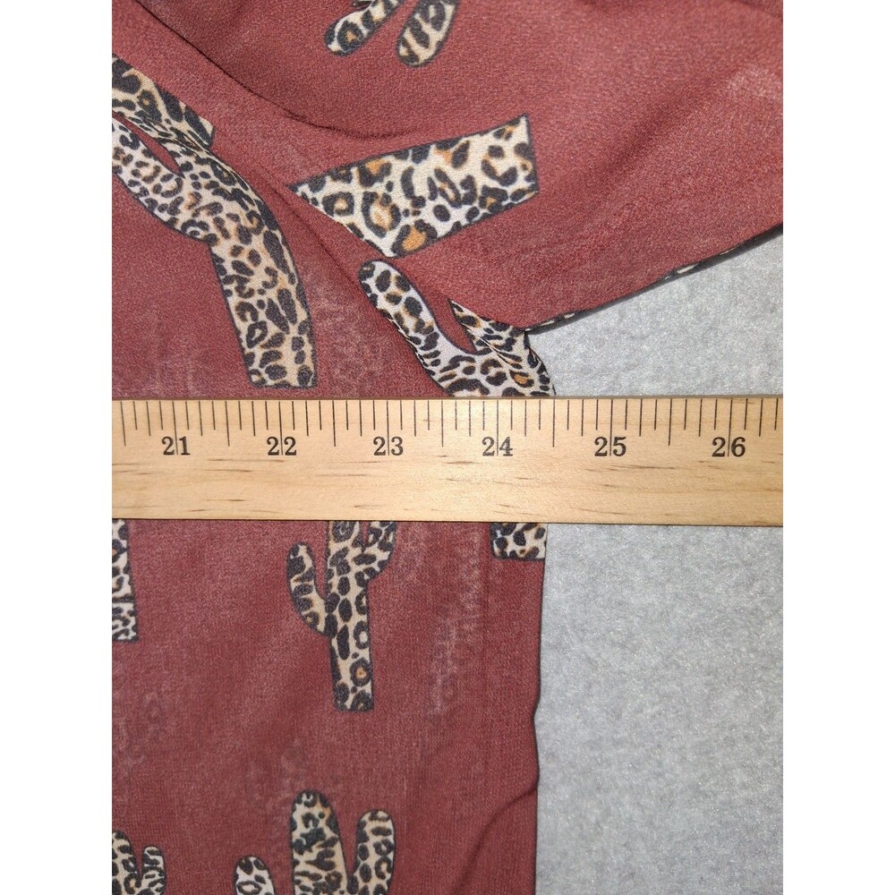 Cowgirl Hardware 3/4 Flutter Sleeve Sheer Blouse XXL Brown Leopard Catus Western - Picture 7 of 13